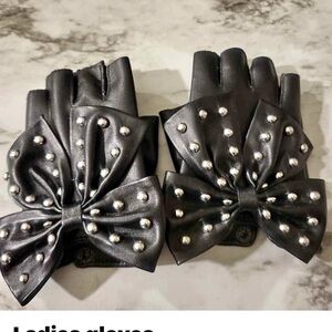Studded Black Gloves with Bow